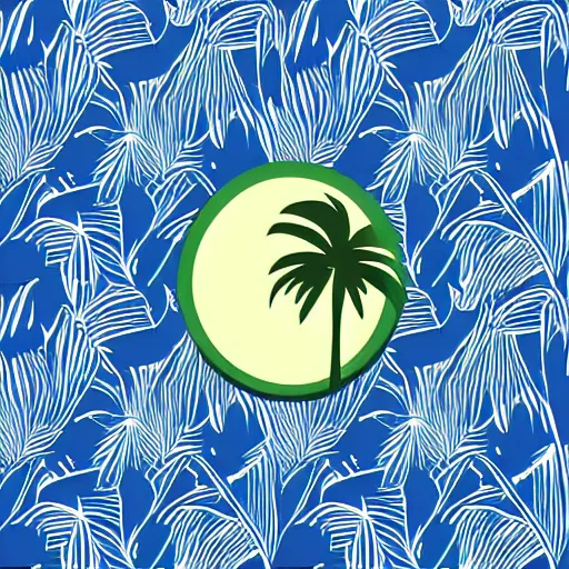 Image similar to waves in bottom front of a palm tree with a giant volleyball with seams in the background, vector logo, professional sports style, flat colour, svg, professional, sharp edges, olive green gray and white color palette