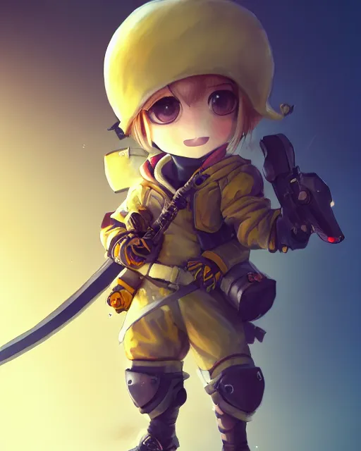 Image similar to a chibi combat kid wearing a puffy yellow jacket and a katana, smooth, intricate, elegant, digital painting, artstation, concept art, sharp focus, octane render, illustration, art by ayami kojima, overwatch character,