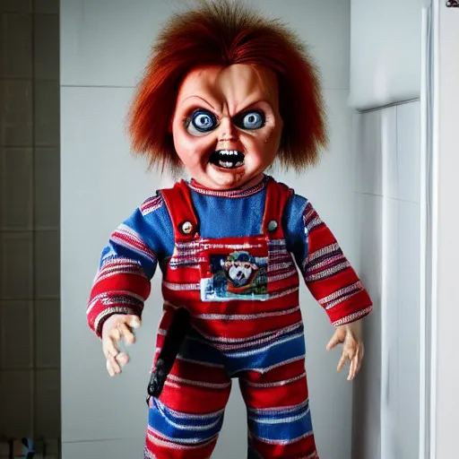 Prompt: chucky the killer doll standing in the bathroom