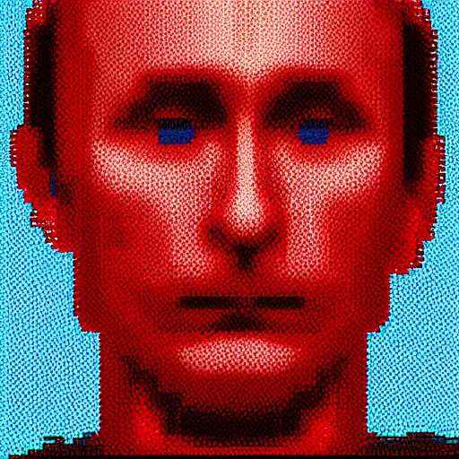 Image similar to Putin crying, pixel art, dramatic, cinematic, red background