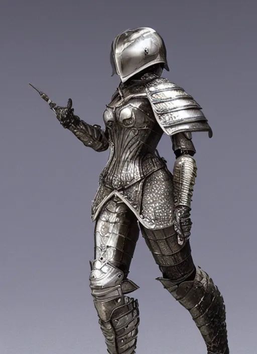 Prompt: 80mm, resin detailed model figure of a female wearing a silver seashell armor