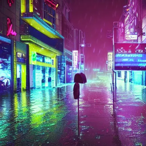 Image similar to a rainy neon-lit street in the future on an alien world