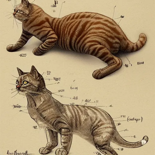 Prompt: anatomy of a cat of tasmania, da vinci notes, ultradetailed, anatomy study, artstation