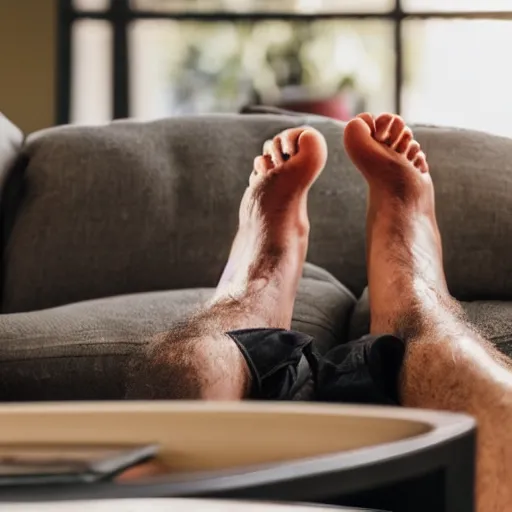 Prompt: a man laid back on a couch putting his bare feet on a coffee table while drinking a beer