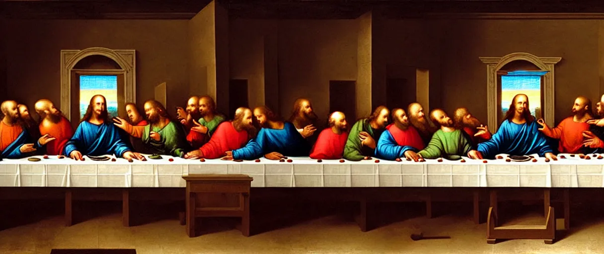 Image similar to donald trump giving speech during the last supper, a painting by leonardo da vinci, ultra - detailed, 8 k