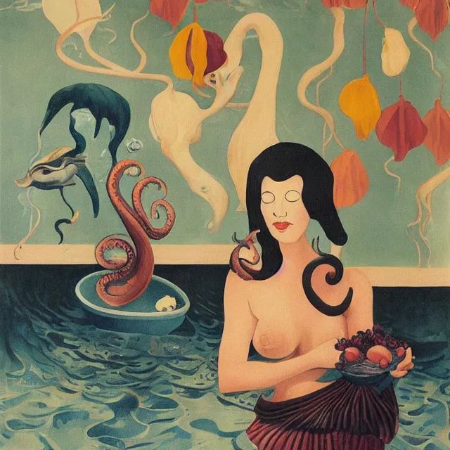 Image similar to tall female artist holding a nautilus in her flooded kitchen, pomegranates, octopus, water gushing from ceiling, painting of flood waters inside an artist's apartment, a river flooding indoors, candles, ikebana, zen, rapids, waterfall, black swans, canoe, berries, acrylic on canvas, surrealist, by magritte and monet