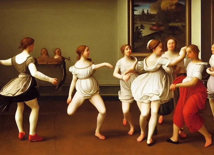 Image similar to realistic museum photography of a painting with a group of girls wearing white shorts, dancing with white pigeons in a wooden room in style raffaello sanzio, italian renaissance painting, detailed