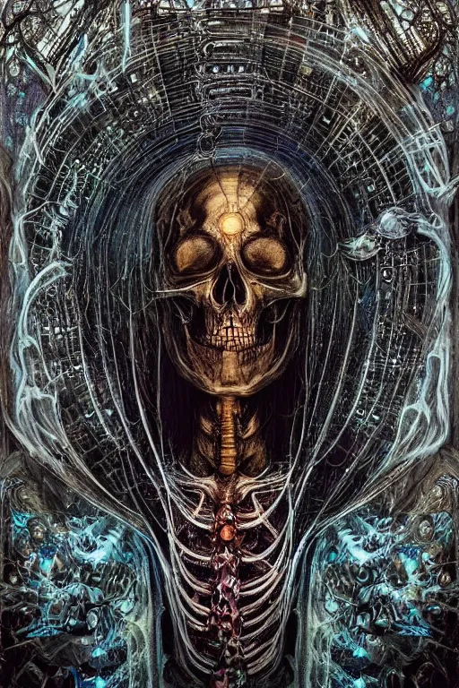 Image similar to psychedelic skeleton with trinket necklace, looking upward, epic angle and pose, reflective pool, symmetrical artwork, ayahuasca, translucent, fungus, energy flows of water and fire, highly detailed, epic cinematic concept art, excellent composition, dystopian brutalist atmosphere, dynamic dramatic lighting, aesthetic, very inspirational, arthouse, Greg Rutkowski, Artgerm