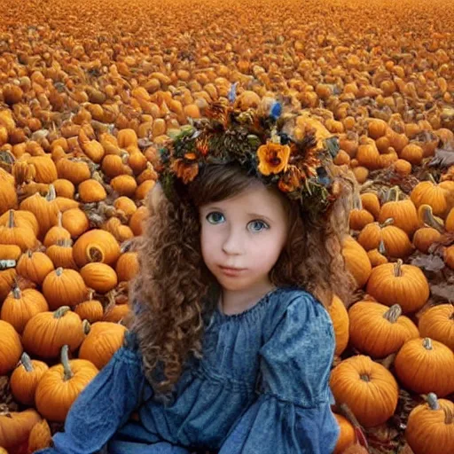 Image similar to a cute little girl with light brown wavy curly hair and blue eyes sitting amidst piles of pumpkins. beautiful cute highly detailed face. she is wearing a crown of autumn leaves. autumn and fall and halloween themed painting by artgerm and greg rutkowski and alphonse mucha.