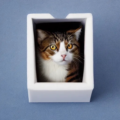 Image similar to a furry cube with a cat face, professional photograph, white background