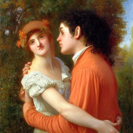 Image similar to young man in orange shirt and young woman in green dress with black hair hugging, by pierre - auguste cot