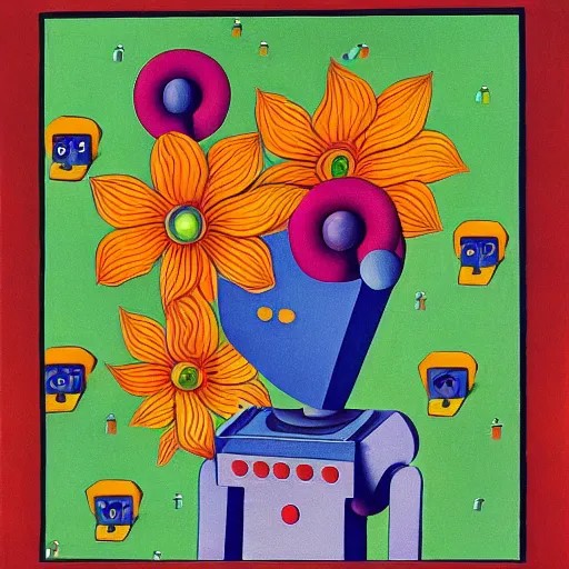 Image similar to a colorful painting by m. c. escher of a happy robot head with flowers growing out of the top