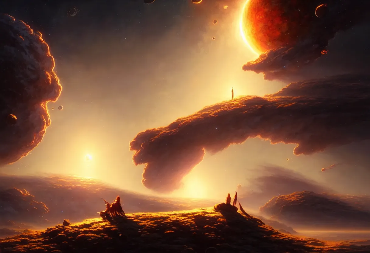 Image similar to beautiful render, planet earth atmosphere against sun with approaching burning meteorite cluster, fantasy, intricate, elegant, highly detailed, digital painting, artstation, concept art, smooth, sharp focus, octane render, dramatic lighting, art by artgerm and greg rutkowski and alphonse mucha and wlop