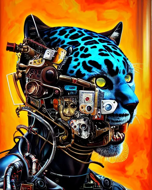 Image similar to a portrait of an anthropomorphic cyberpunk jaguar by sandra chevrier, by jon foster, detailed render, tape deck, epic composition, cybernetics, 4 k realistic, cryengine, realistic shaded lighting, sharp focus, masterpiece, by enki bilal