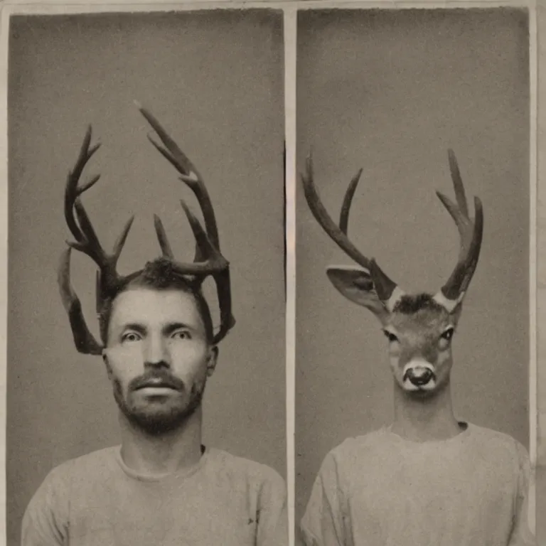 Image similar to deer headed human, old jail mugshot