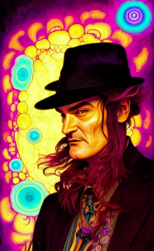 Image similar to An extremely psychedelic celestial quentin tarantino in his black fedora hat, colorful, surreal, dramatic lighting, magic mushrooms, psilocybin, LSD, face, detailed, intricate, elegant, highly detailed, digital painting, artstation, concept art, smooth, sharp focus, illustration, art by Krenz Cushart and Artem Demura and alphonse mucha