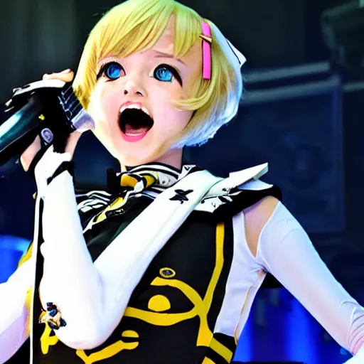 Image similar to Aigis from Persona 3 singing on stage