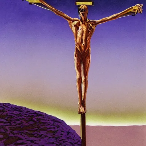 Prompt: a hyperrealistic painting of an alien being crucified in a bioluminescent desert on an alien planet by Richard Corben,