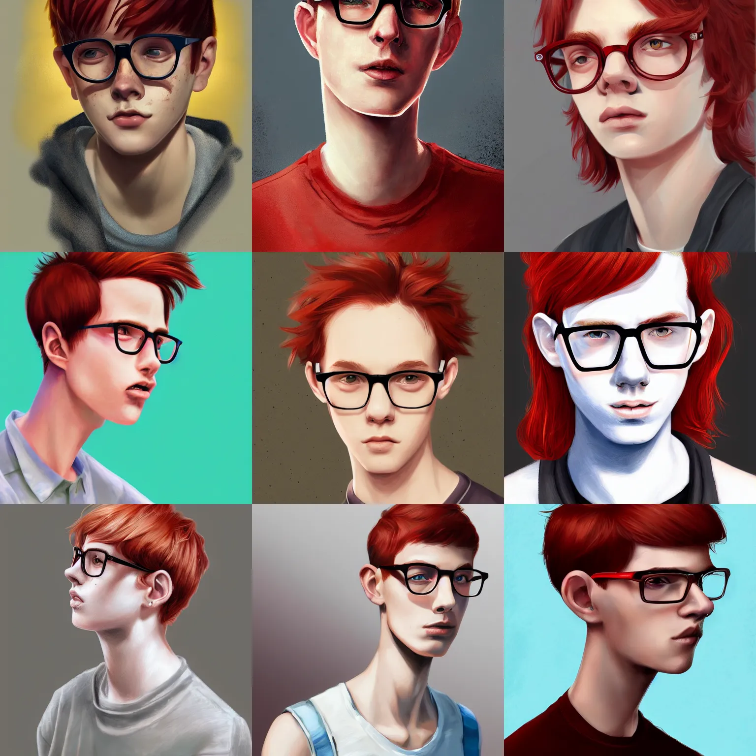Prompt: portrait of a thin teen boy with red hair and a lot of freckles wearing horn - rimmed glasses, intricate, elegant, highly detailed, digital painting, artstation, concept art, sharp focus, illustration