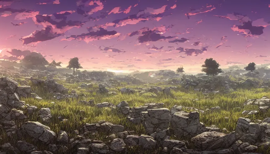 Image similar to the beautiful, chilling, mundane panoramic view of a field after war filled with dead soldier calvary and rocks at dusk. hyperrealistic anime background illustration, borderlands, colorful, extremely detailed intricate linework, smooth, super sharp focus, bright colors, high contrast, matte, octopath traveler, unreal engine 5 highly rendered, global illumination, radiant light