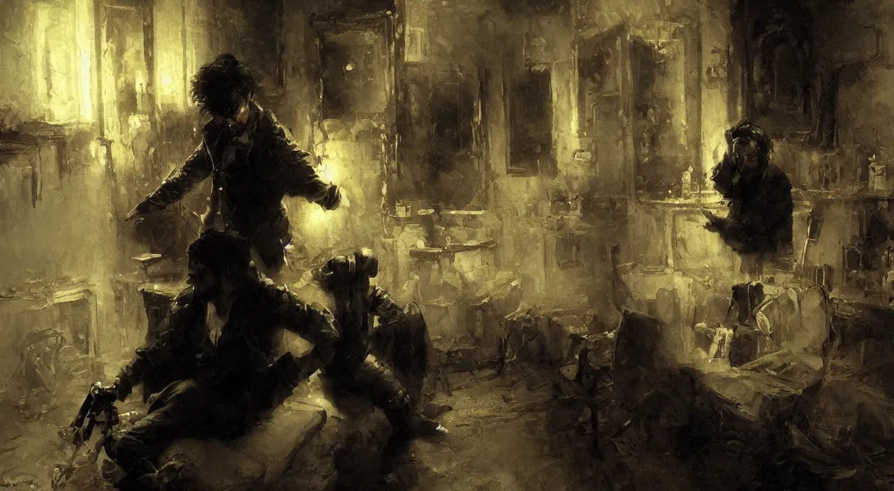 Image similar to a man with black hair and beard, wearing a black jacket, white shirt and jeans, trying to desperately escape a white, dimly lit room, highly detailed painting by gaston bussiere, craig mullins, 8 k