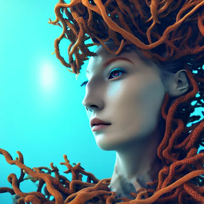 Prompt: female android dryad standing, entwined by seaweed and coral, deep ocean, surreal, light shining through, hyper - realistic, highly detailed, sharp focus, smooth, intricate, octane render