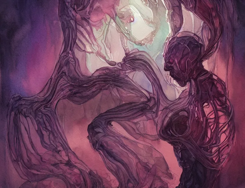 Image similar to amorphous lifeform taking over a person's body, safe for work. this watercolor painting by the award - winning comic artist has dramatic lighting, an interesting color scheme and intricate details.