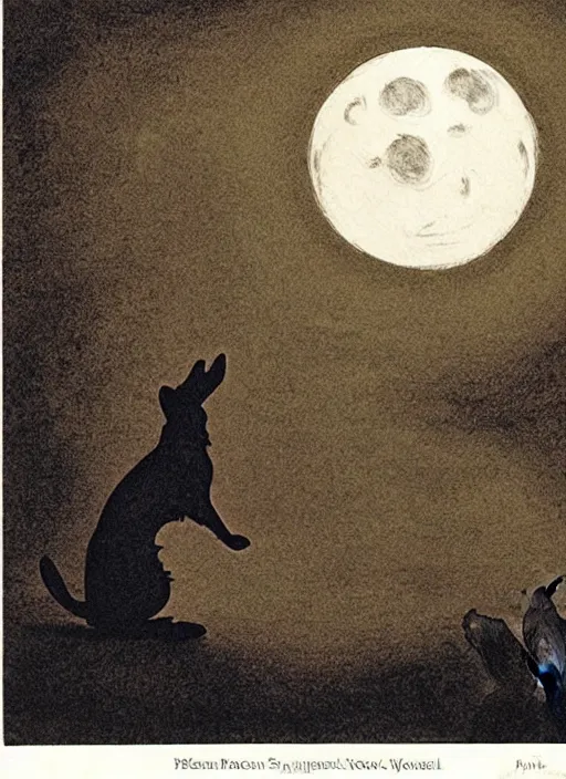 Image similar to jack russel dog silhouette howling at the moon, illustrated by peggy fortnum and beatrix potter and sir john tenniel