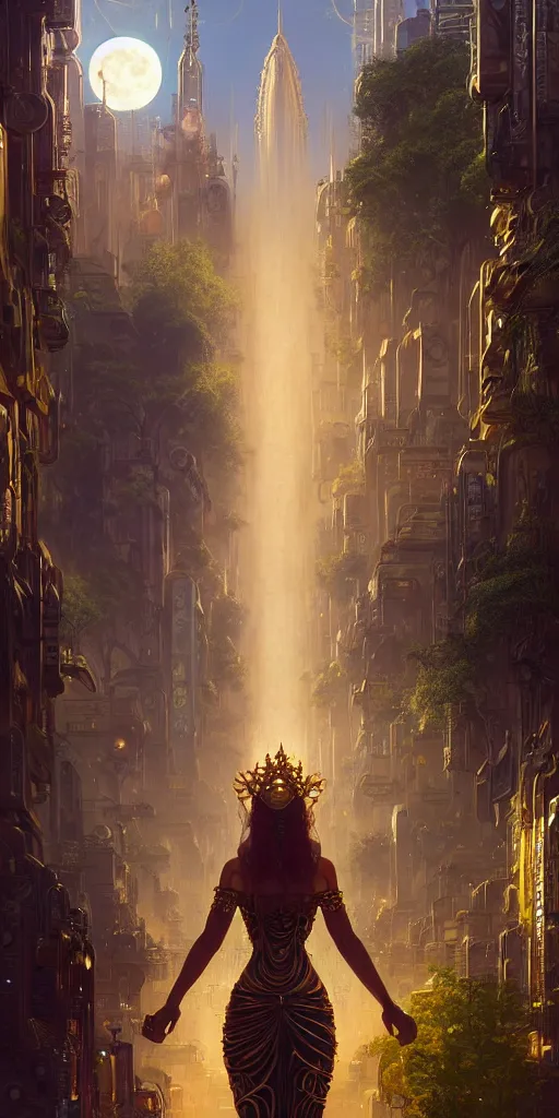 Image similar to golden ornate goddess looking at a hyper realistic cyberpunk city, busy crowded market street overtaken by lush plants, full moon, light rays, gnarly trees by tom bagshaw, mucha, gaston bussiere, craig mullins, j. c. leyendecker 8 k