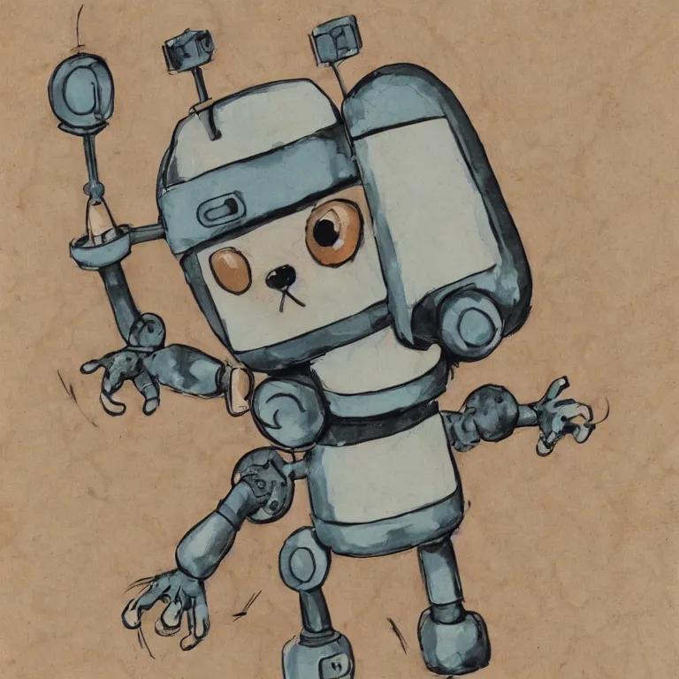 Image similar to a cute robo - puppy. alcohol ink on parchment, muted colors, detailed, textured parchment background, 1 9 5 0 s concept art, jetsons