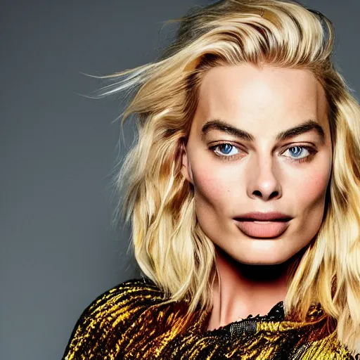 Image similar to face photo of margot robbie as super saiyan powering up long hair wearing hoodie by annie leibovitz