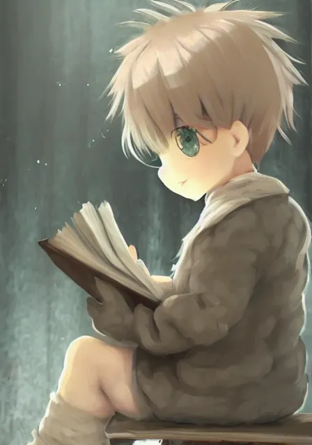 Image similar to beautiful little boy wearing sheep suit reading a book while sitting on chair, gray, blue, green and brown pallet color. made in abyss art style, inspired in kris from deltarrune, cute detailed artwork, anatomically correct, soft details, ilya kuvshinov, reflection, perfect composition, mobile wallpaper, low illumination