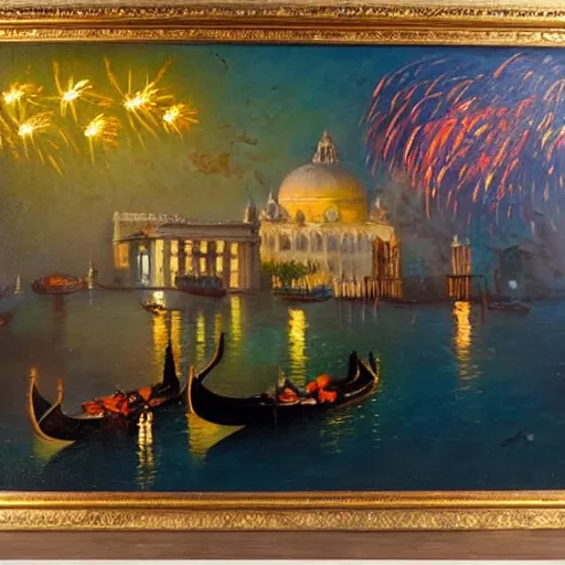 Image similar to an oil painting of couple kissing, in a background fireworks in venice