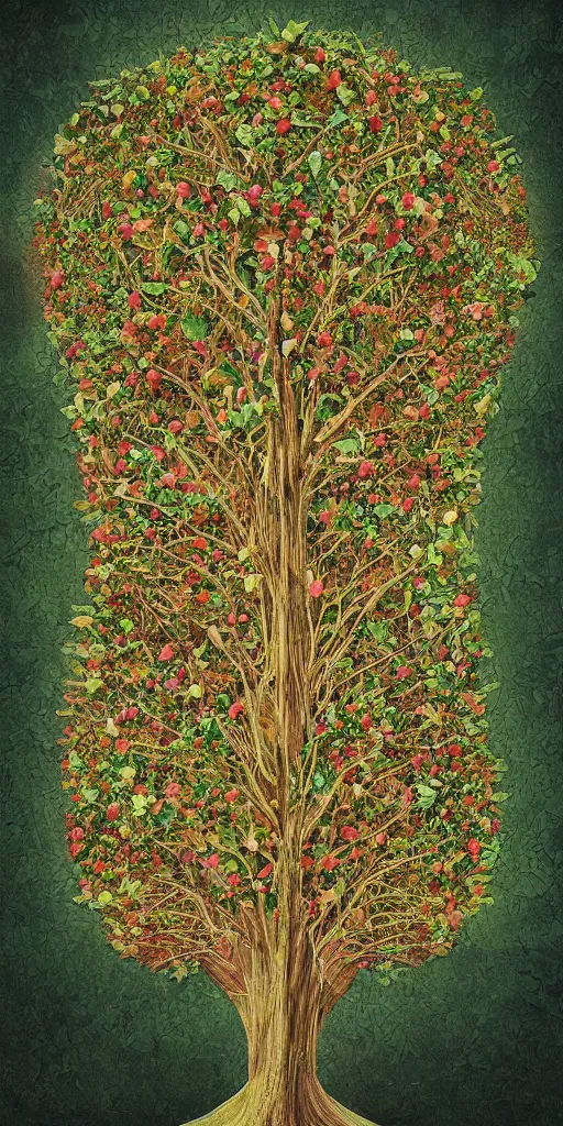 Image similar to a tree that grows slices of cake, digital art, illustration, high detail