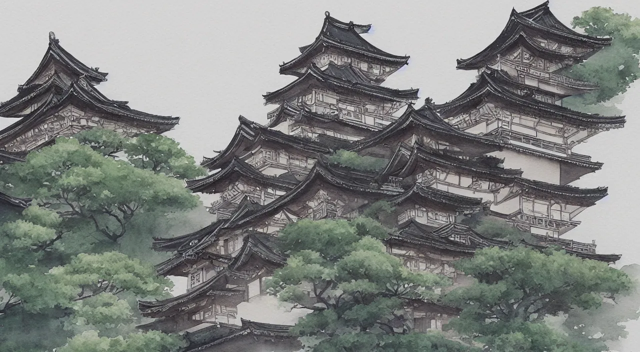 Prompt: a watercolour painting of a Japanese castle, trending on artstation
