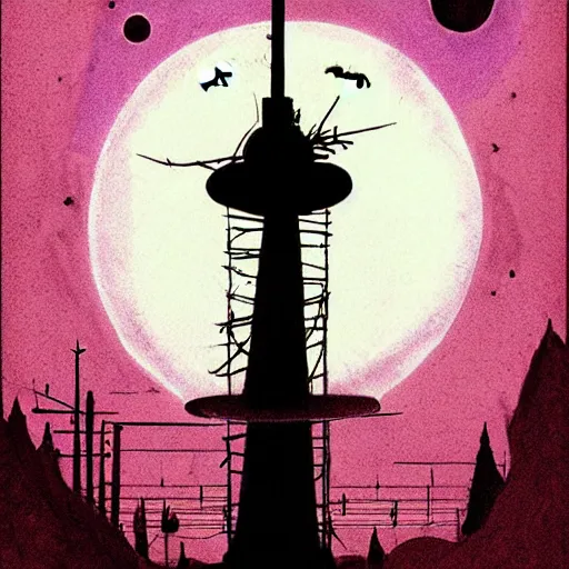 Prompt: artgerm, norman rockwell, abigail larson, purple color pallete, welcome to night vale, radio tower with black hole above it, spooky strange weird quirky, cartoon, 2 d, chiral lighting