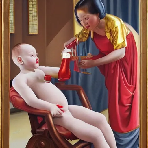 Image similar to hyperrealism oil painting of a baby giving blood to a handsome man, strong jaw, symmetrical, sitting in a gilded throne, tubes coming out of the man's arm, getting a blood transfusion. in the style of realism mixed with japanese book art and art deco. detailed. beautiful