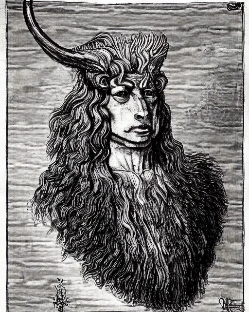 Image similar to a creature with the eyes of a man, beak of an eagle, no nose, the mane of a lion, two horns on the head. drawn by da vinci