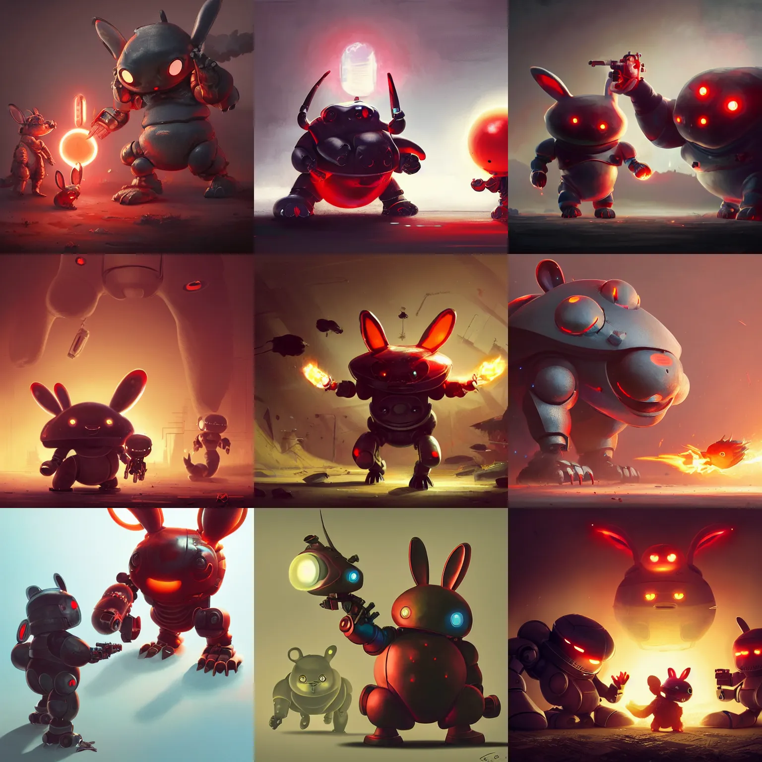 Prompt: sideview of cute chubby dangerous angry 3 years old robots childs in battle pose ruling the world with big glowing red eyes and big rabbit ears , big complex belly mechanism , studio light, wapor wave retro design by greg rutkowski