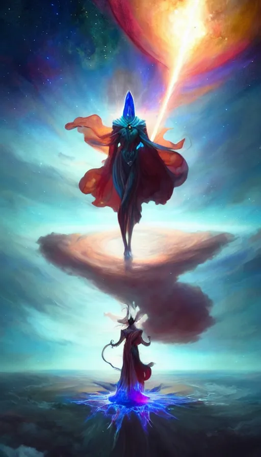 Prompt: god with a cape, epic scene, colors, holy, full body, galaxy, and, stars, atmosphere, unreal engine, pixar, video game, ethereal, insanely, detailed, volumetric, symmetrical, concept art, peter mohrbacher, charlie bowater, unreal engine, artstation, cinematic, video game, digital painting, artist maena