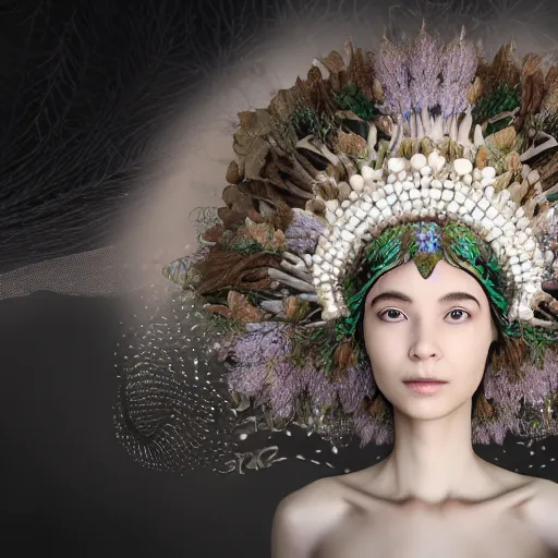 Image similar to mushroom goddess with extremely elegant headdress with group of elders in a ceremony for plant medicine, beautiful, marvelous designer, cloth physics, mocap, deviantart, yoshitaka amano, alex grey, black and white, beautiful lighting, photorealistic, concept art, perfect render, 3 d render, unreal engine, 8 k