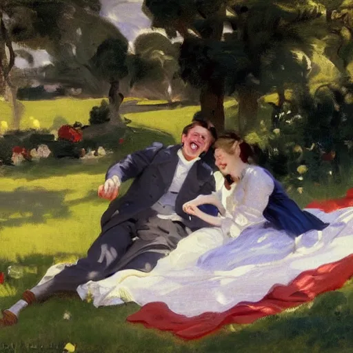 Image similar to a young man and woman sitting in a beautiful garden on a picnic blanket on a hot summers day laughing, john singer sargent style, 4 k, beautiful, elegant, vintage