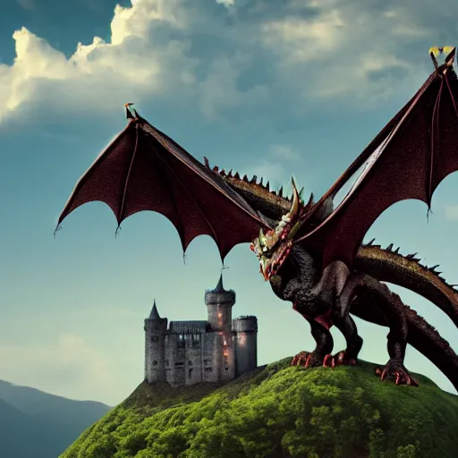 Image similar to a giant dragon flying over a castle on a hill, realistic photo, 8k, cinematic