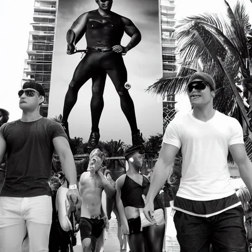 Prompt: Miami being invaded by gigantic fat Zac Efron, black and white picture, realistic, people screaming