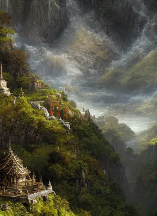 Image similar to a hooded monk in lord of the rings scenery landscape, huge buddhist temple on a mountain in the distance, river, lush valley, cosmic, god's rays, highly detailed, vivid color, cinematic lighting, perfect composition, 8 k, gustave dore, derek zabrocki, greg rutkowski, belsinski, octane render