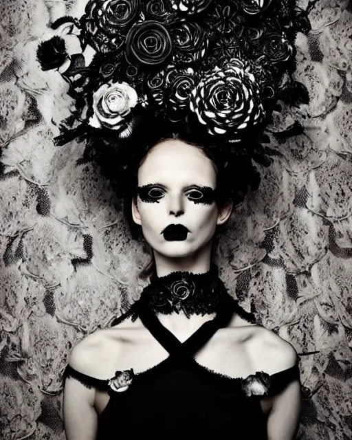 Prompt: dark surreal poetic black and white photo of a beautiful young silver bio-mechanical-female-vegetal-cyborg with a fur metal fine lace face, a very long neck and a fine metal floral foliage super big gothic lace collar and very high big floral crown with many black dry roses by Vivienne Westwood:: smoke, high fashion, haute couture, rococo, avant-garde, silver filigree details, anatomical, facial muscles, cable wires, microchip, elegant, dreamy, foggy atmosphere, hyper realistic, 150 mm lens, soft rim light, octane render, unreal engine, picture was taken in 1910 by Man Ray, volumetric lighting, dramatic light,8k,