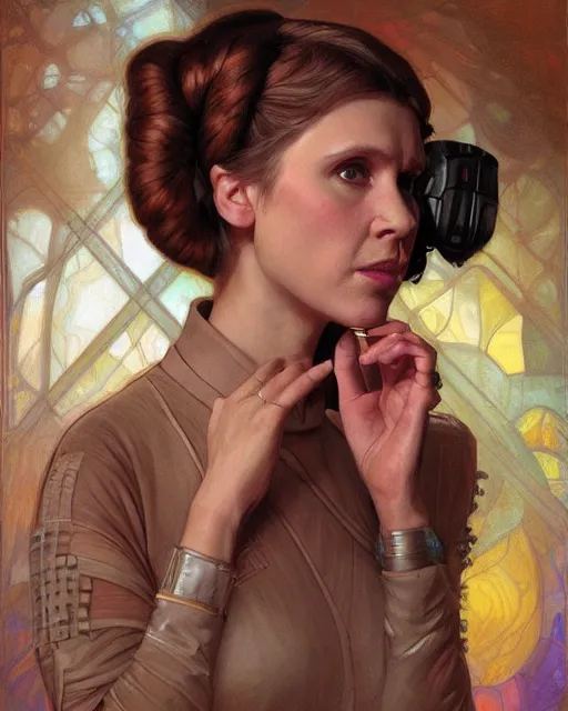 Prompt: portrait of a Princess Leia by Mandy Jurgens and Richard Schmid and chuck close and mucha