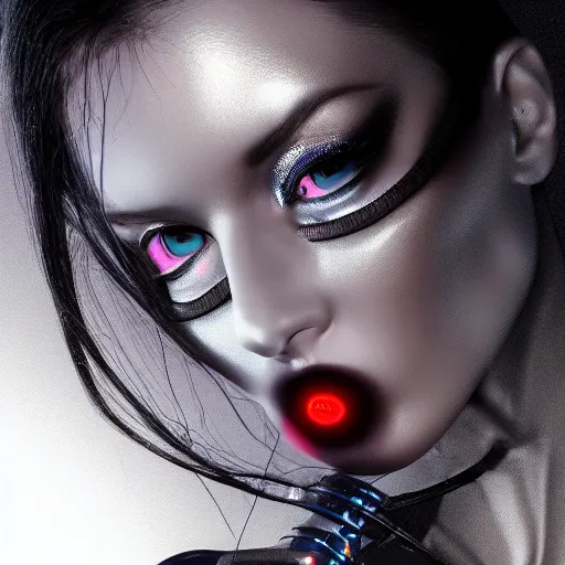 Image similar to an immaculate octane redshift high key lighting headshot rendering of an attractive curvy cybernetic goth woman with embedded LEDs, a cybernetic eye, and an exoskeleton.