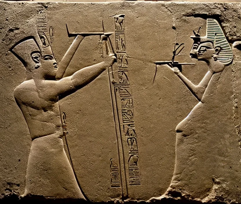 Image similar to ancient egyptian relief of a man shooting a bolt action rifle