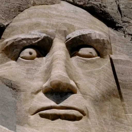 Image similar to donald trump's face carved into the rock on mount rushmore. the photo clearly depicts donald trump's facial features next to other former presidents, at a slightly elevated level, depicting his particular hair style carved into the stone at the mountain top, centered, balances, regal, pensive, powerful, just